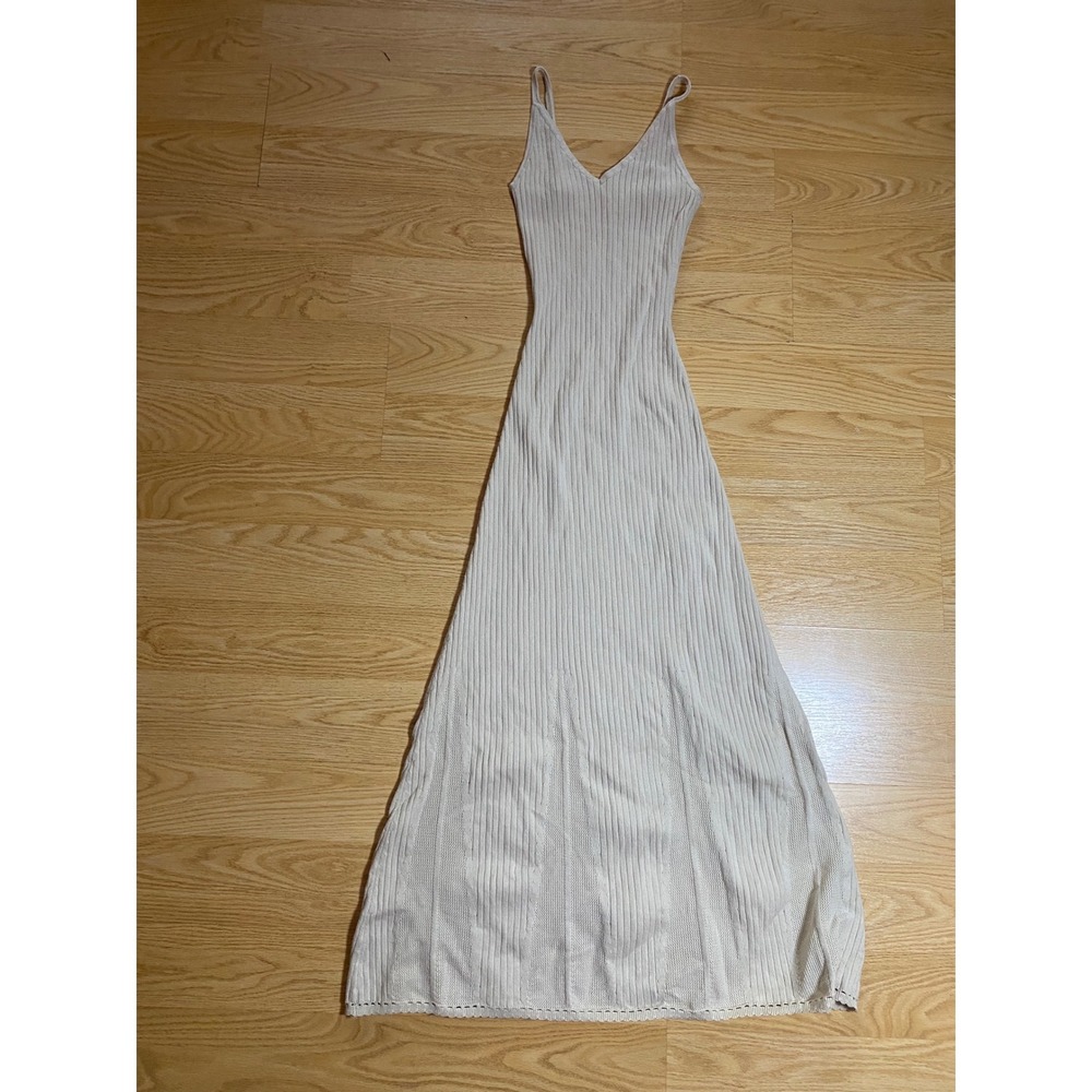 Caroline Constas Ribbed Knit V Neck Midi Dress Classic Minimalist Cream Beige XS